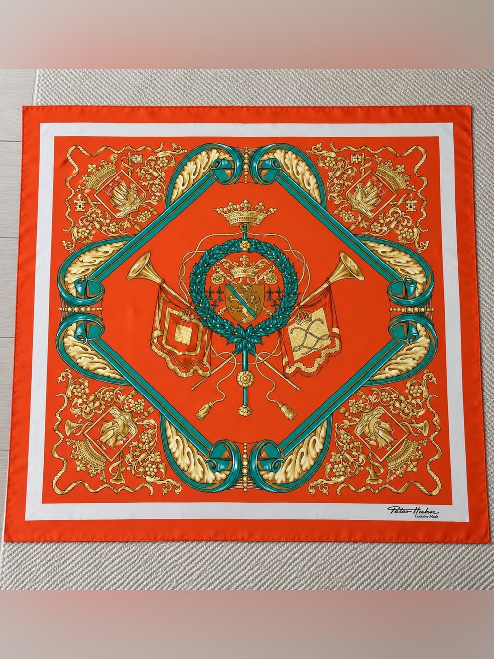 Eqq 100-% silk Orange & Teal Decorative Scarf with Heraldic Crest